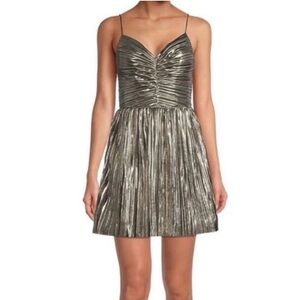 Michael Michael Kors Metallic Gold Pleated Strappy Mini Dress, Size 16
